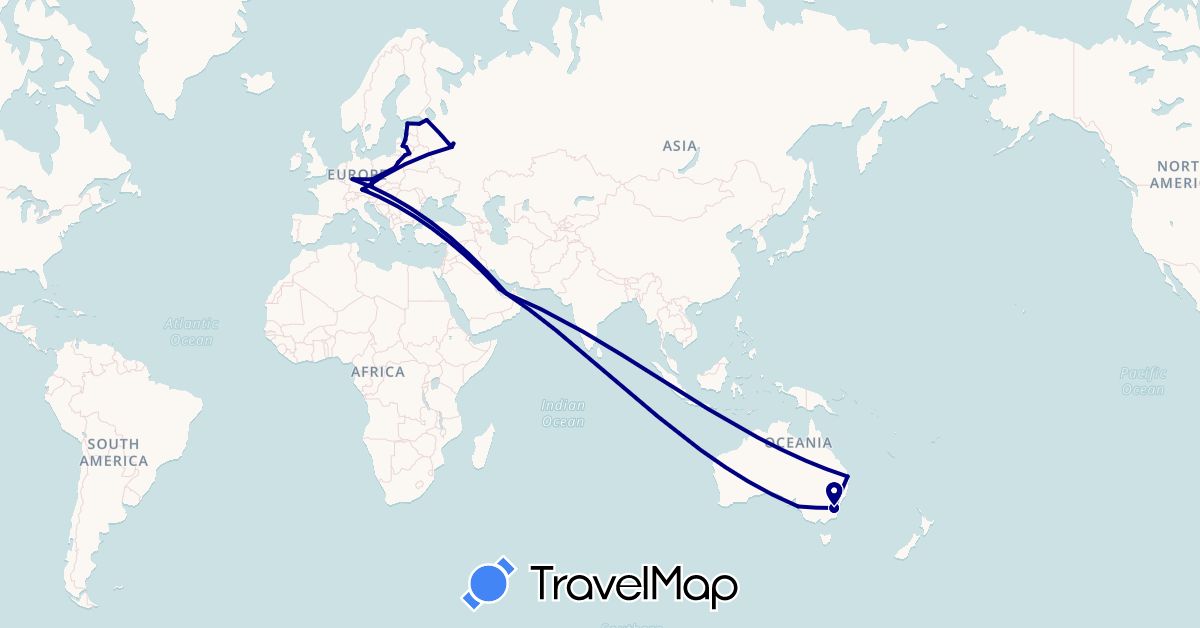 TravelMap itinerary: driving in United Arab Emirates, Austria, Australia, Czech Republic, Germany, Estonia, Lithuania, Latvia, Poland, Qatar, Russia (Asia, Europe, Oceania)