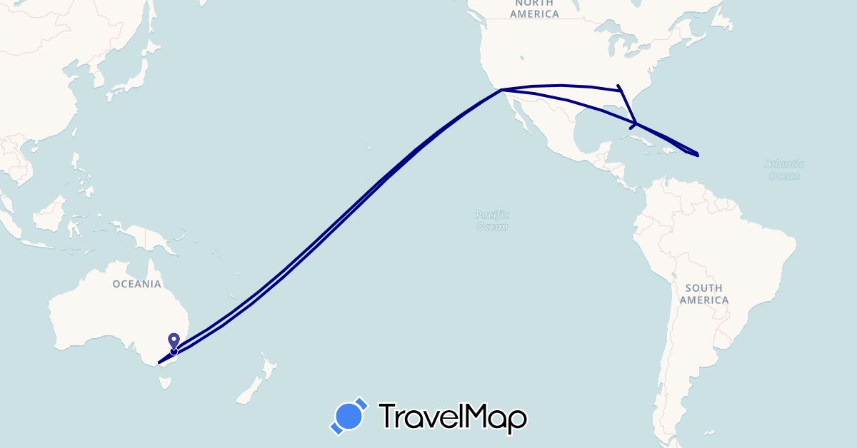 TravelMap itinerary: driving in Australia, Saint Kitts and Nevis, Netherlands, Turks and Caicos Islands, United States (Europe, North America, Oceania)